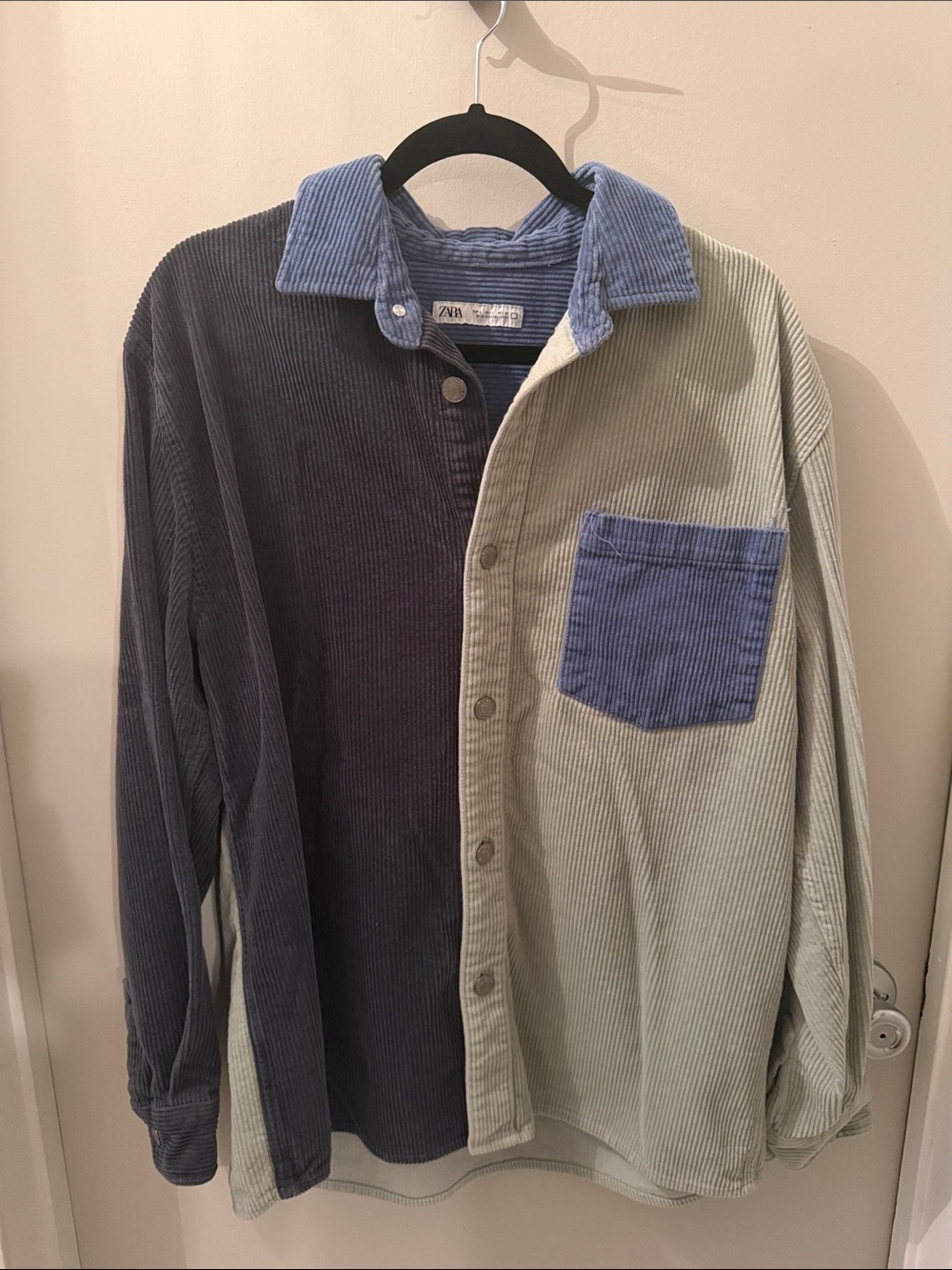 Zara Men Colorblock Corduroy Button-Up Shirt - Blue & Sage